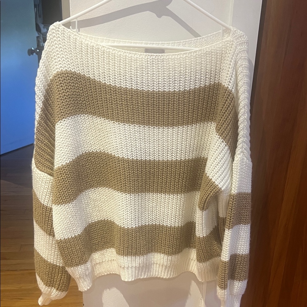 Striped Knit Sweater - cream and tan. One size. Charli